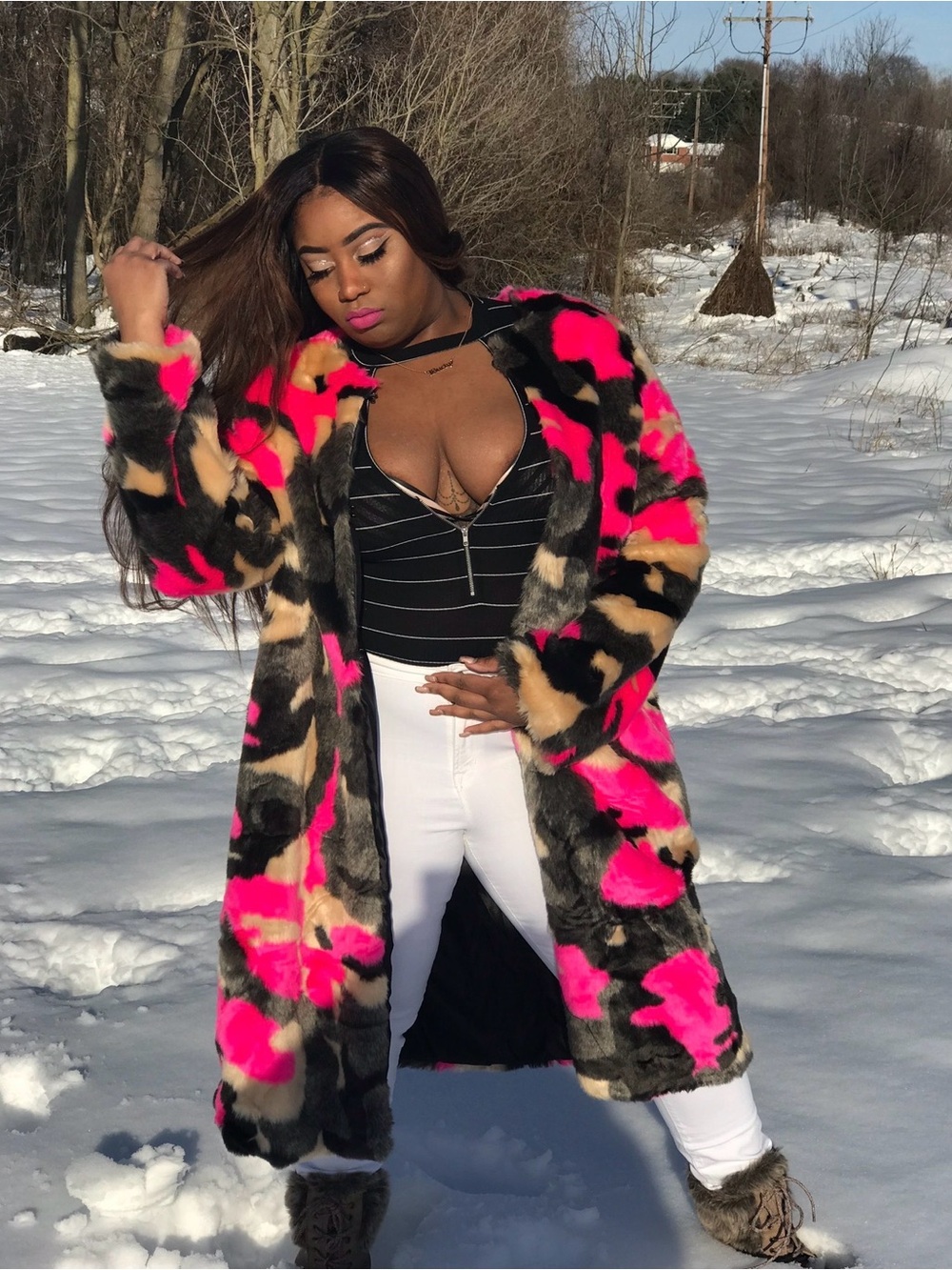 FASHIONNOVA camouflage pink faux fur long coat